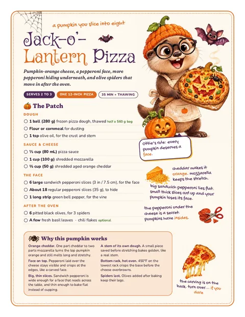 Page one of the printable recipe card, with Ottie holding the pizza