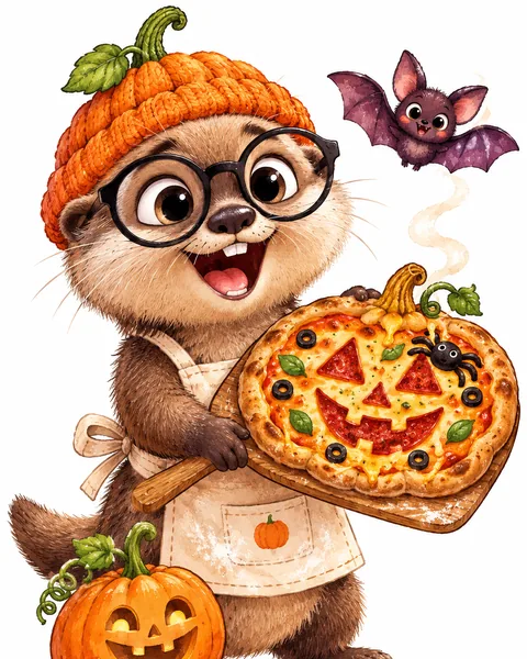 Ottie in a pumpkin hat holding up a jack-o’-lantern pizza