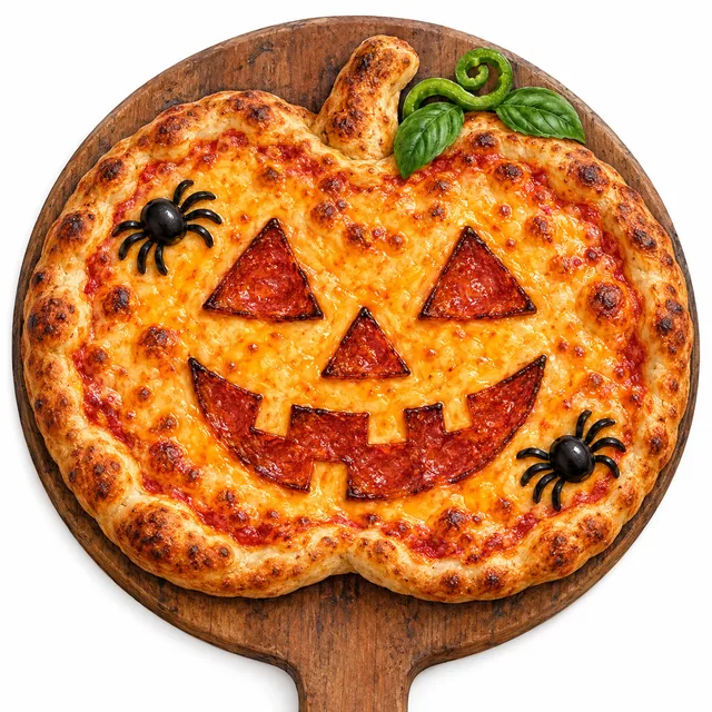 A pumpkin-shaped pizza with orange cheese, a pepperoni jack-o’-lantern face and black olive spiders