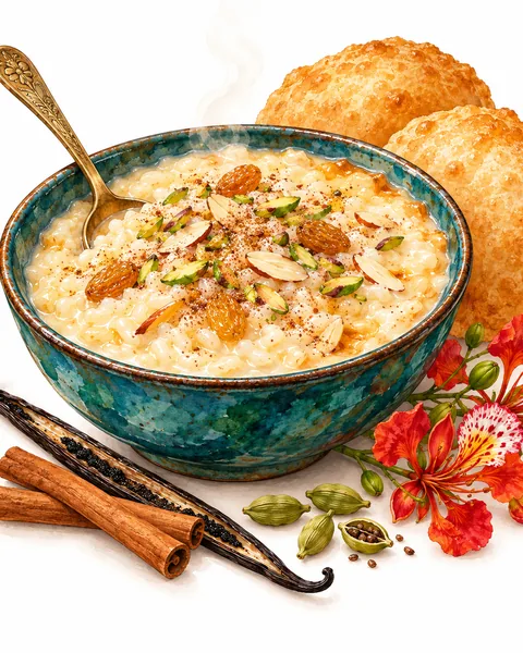 A bowl of kheer topped with almonds, pistachios and raisins, with puris and cinnamon