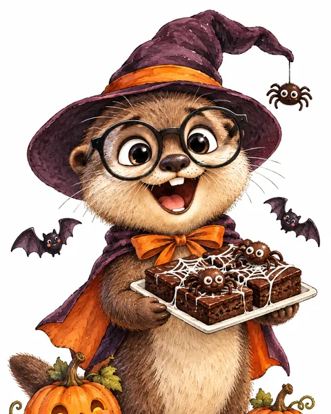 Ottie in a witch hat holding a tray of brownies with marshmallow cobwebs